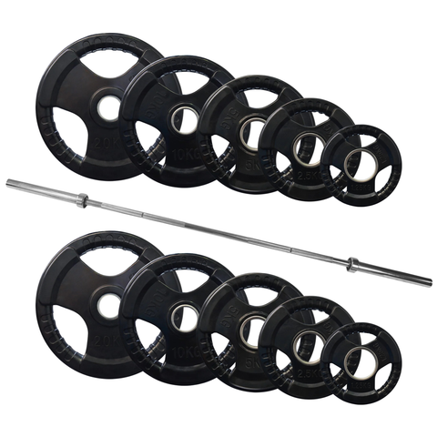 75KG Tri-Grip Rubber Coated Weight Plates + Olympic Barbell